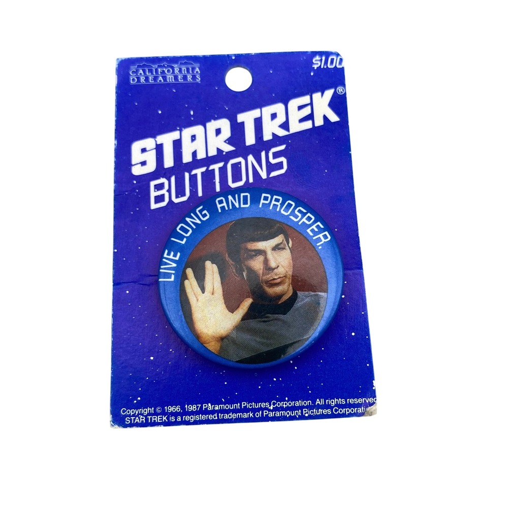Vintage NOS 1987 Star Trek Spock Live Long and Prosper Button Pin